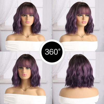 Γυναικεία Περούκα - Μωβ Χρώμα με Κυματιστό Χτένισμα και Φράντζα